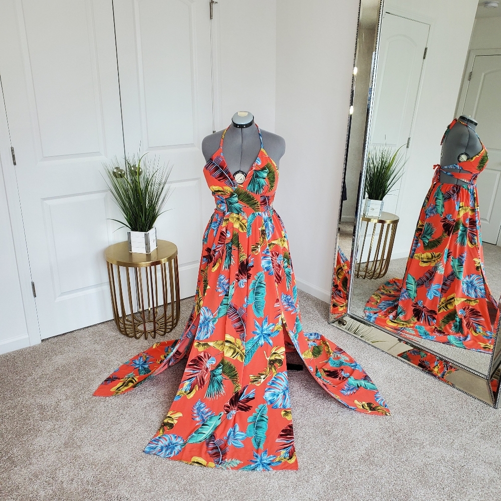 Fashion Nova Kenzie Halter Maxi Dress XL Orange/Combo